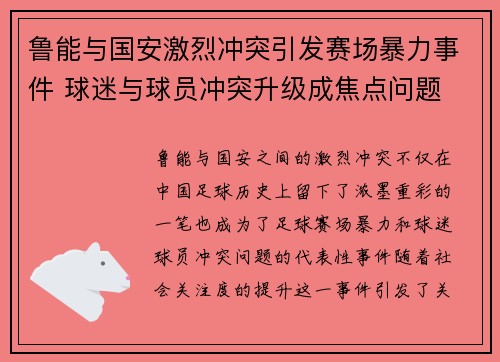 鲁能与国安激烈冲突引发赛场暴力事件 球迷与球员冲突升级成焦点问题